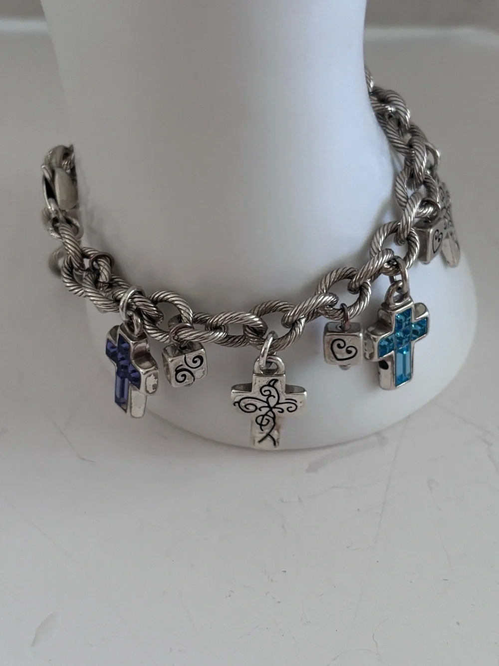 Brighton Purity Silver Tone Cross Bracelet ~Blue, Purple Crystals~ 8